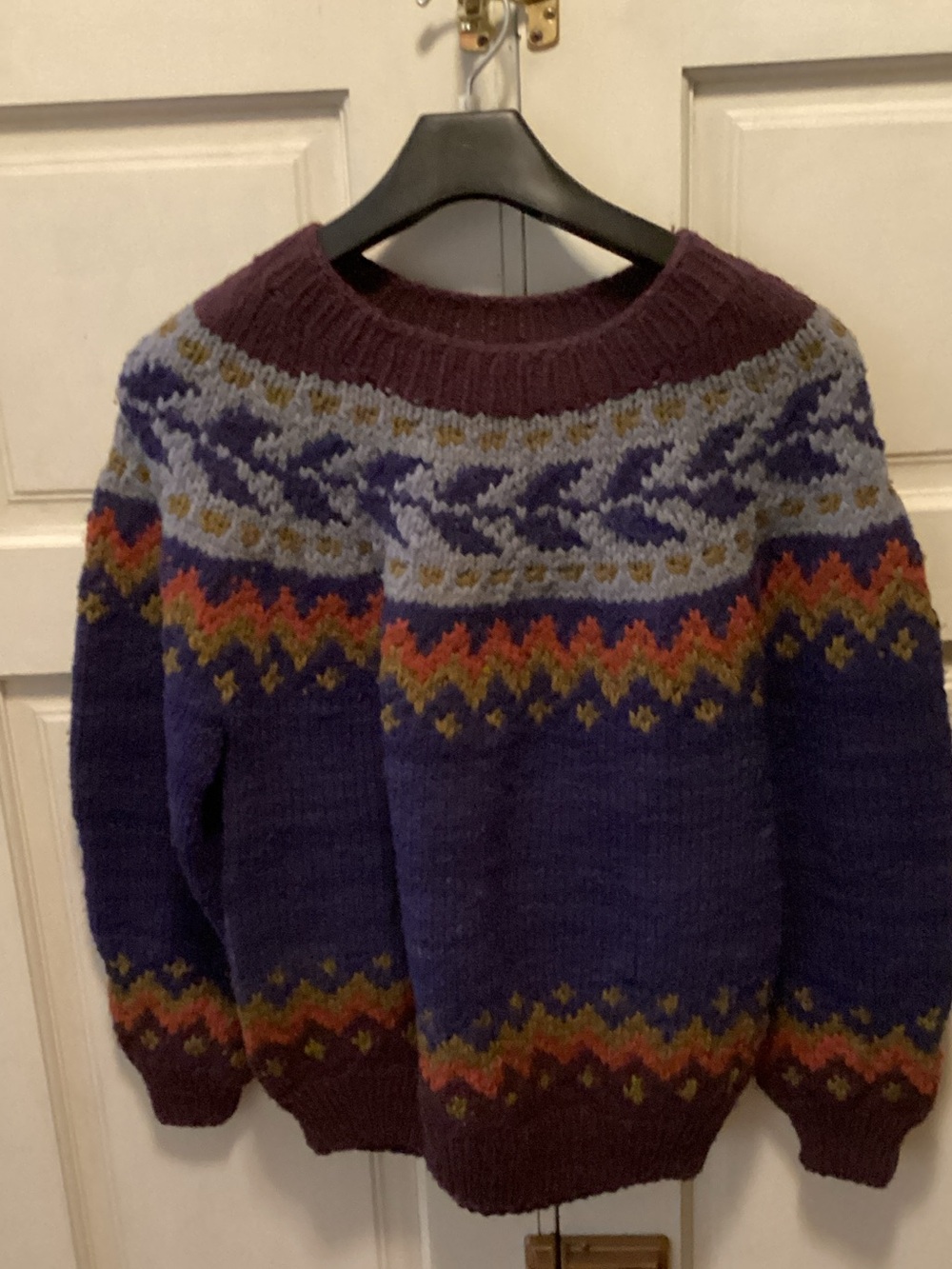 Men's Purple Patterned Fair Isle Crewneck Sweater 100% Lamb Wool
